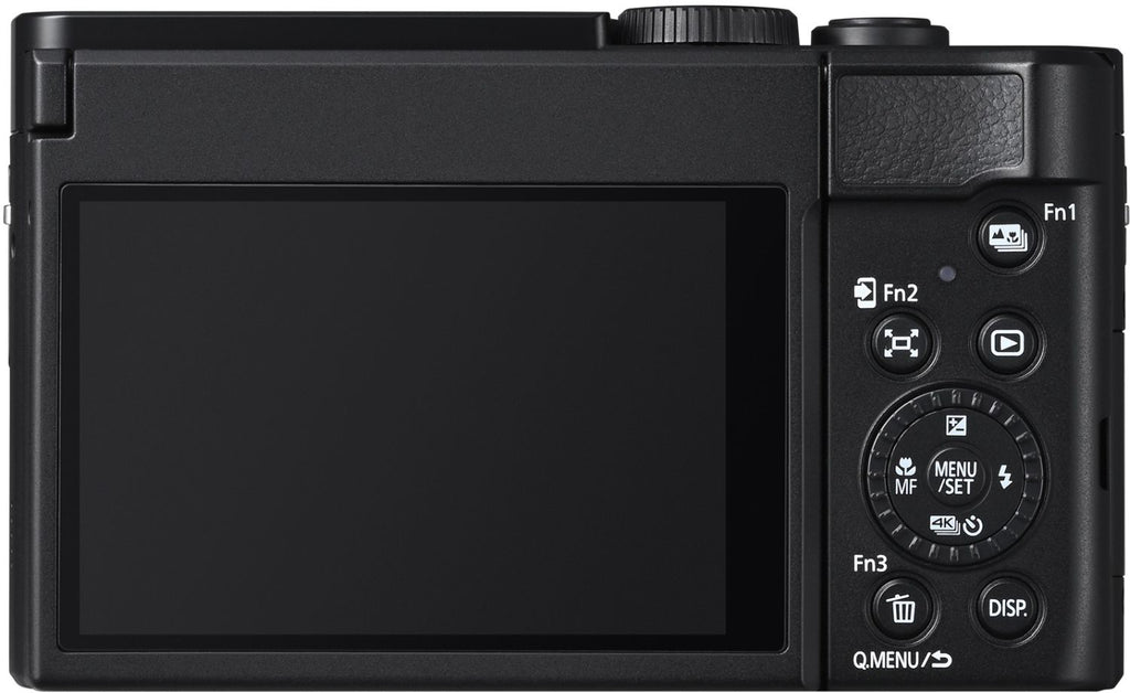 Black Panasonic Lumix TZ99 video camera with compact design and adjustable lens, ideal for travel and outdoor filming.