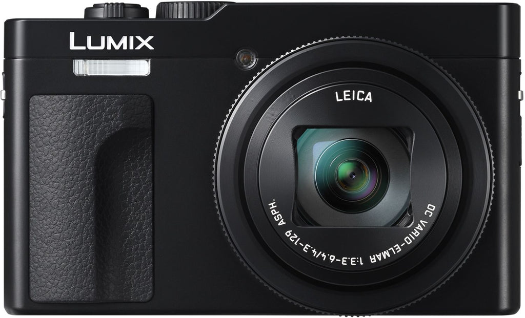 Black Panasonic Lumix TZ99 video camera with compact design and adjustable lens, ideal for travel and high-quality video recording.