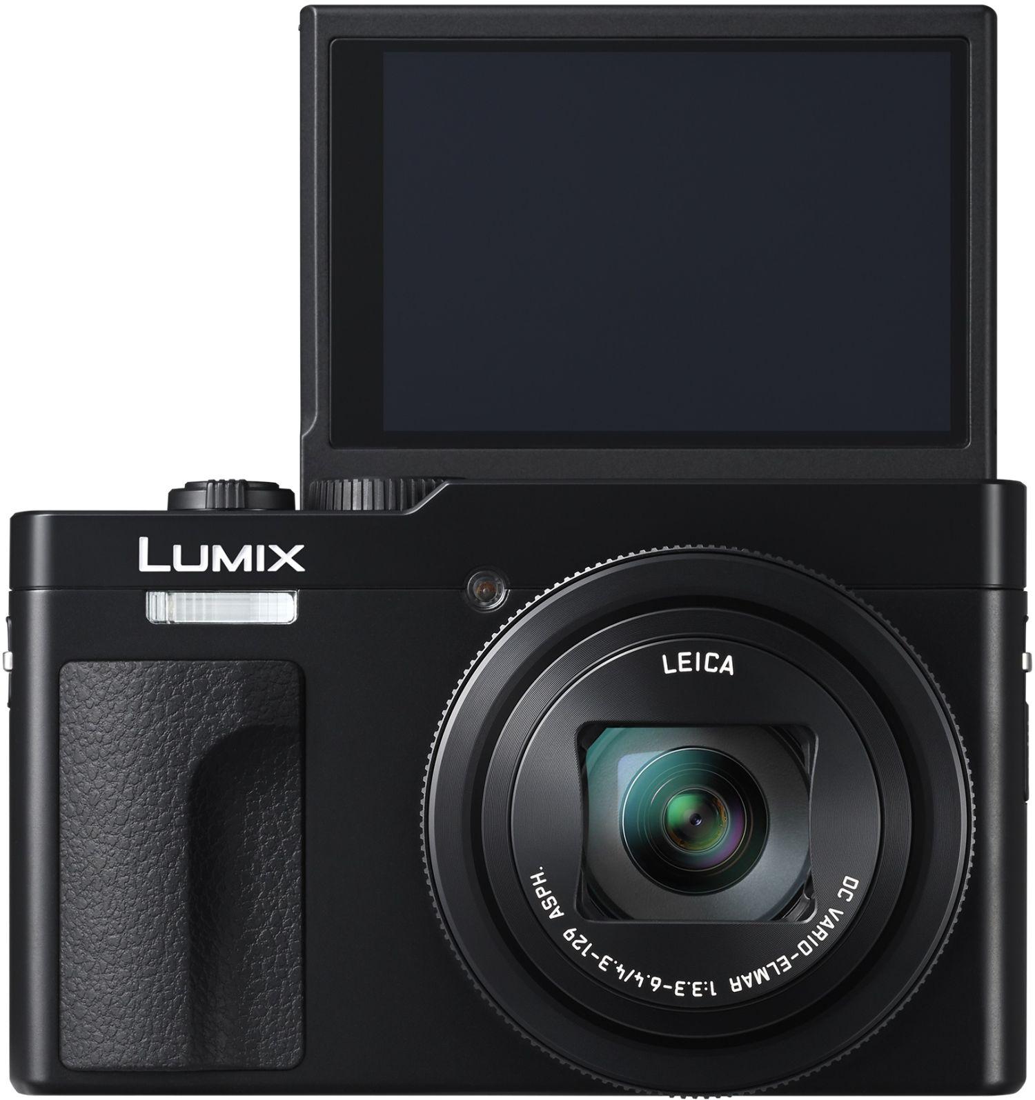 Panasonic Lumix TZ99 black compact video camera with zoom lens and control buttons, front view.