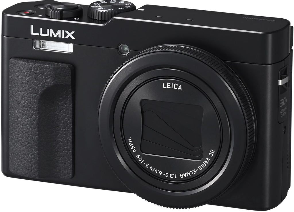 Black Panasonic Lumix TZ99 video camera with compact design and zoom lens, ideal for travel and high-quality recording.
