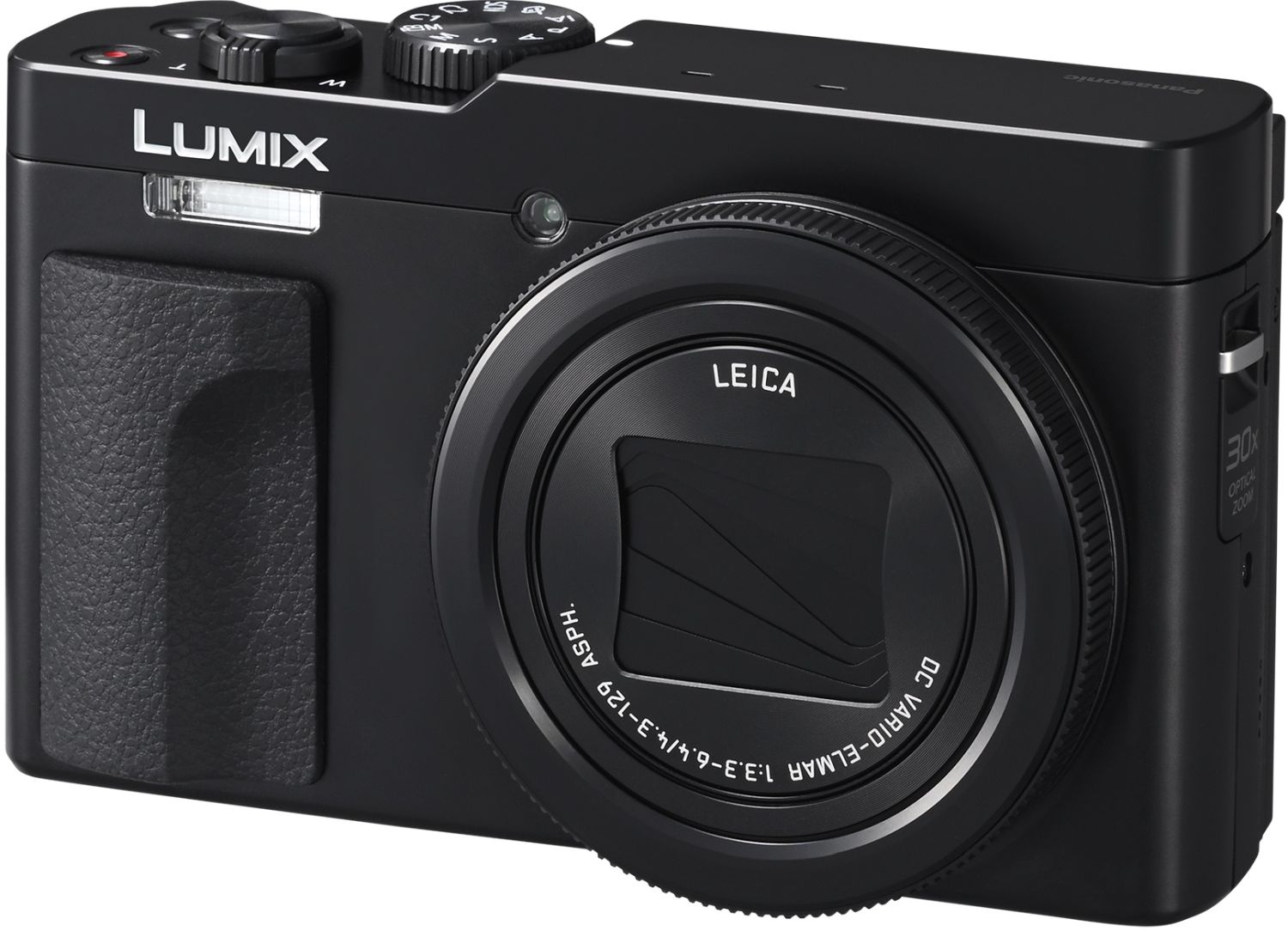 Black Panasonic Lumix TZ99 video camera with compact design and zoom lens, ideal for travel and high-quality recording.