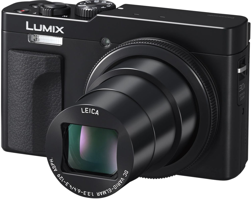 Panasonic Lumix TZ99 video camera in black with lens and grip, showcasing compact design and zoom lens for travel filming.