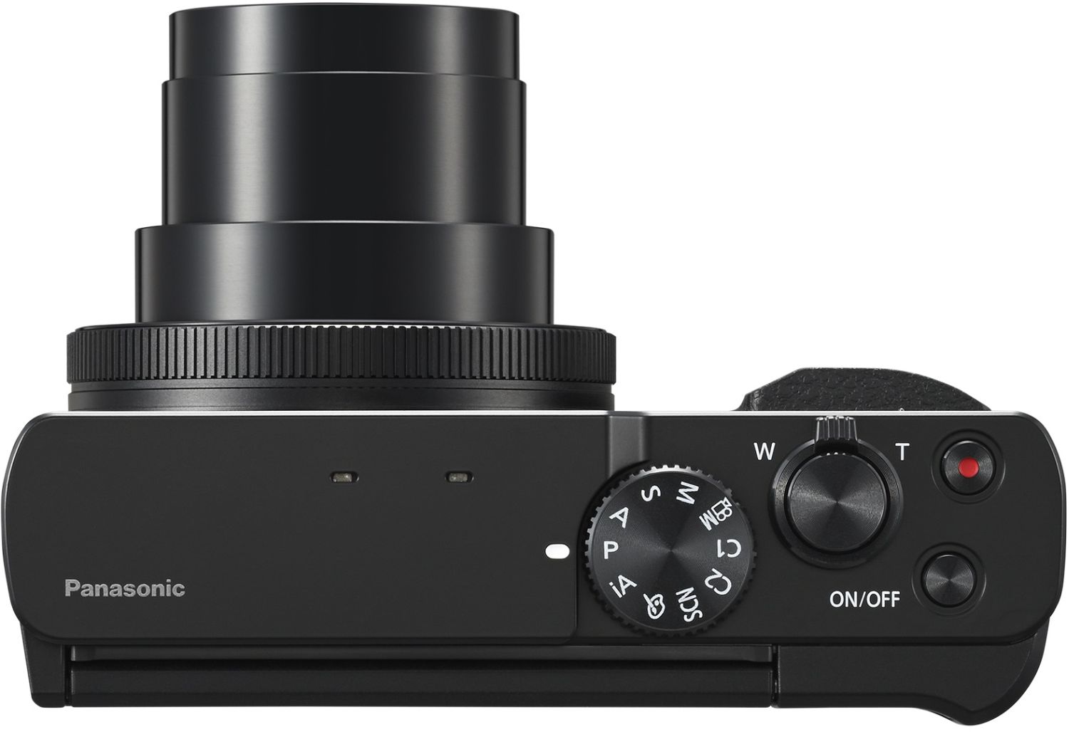 Black Panasonic Lumix TZ99 video camera with compact design and adjustable lens, ideal for travel and high-quality filming.