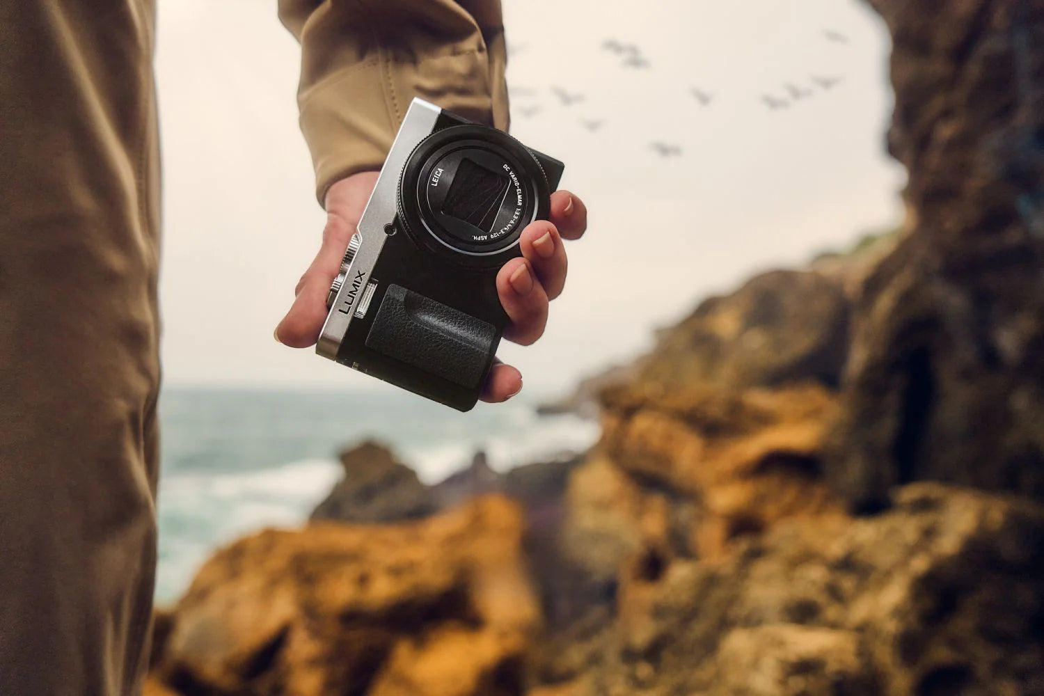 Panasonic Lumix TZ99 video camera in silver and black with compact design and zoom lens, ideal for travel videography.