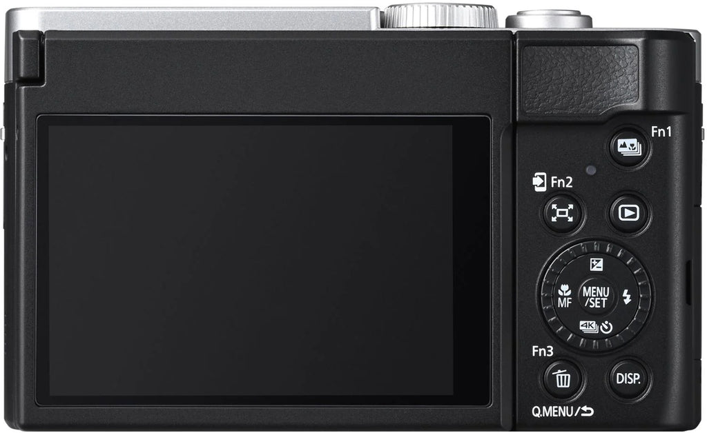 Panasonic Lumix TZ99 video camera in silver and black with compact design and zoom lens, suitable for travel and photography.