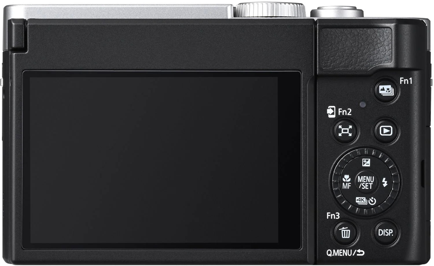 Panasonic Lumix TZ99 video camera in silver and black with compact design and zoom lens, suitable for travel and photography.