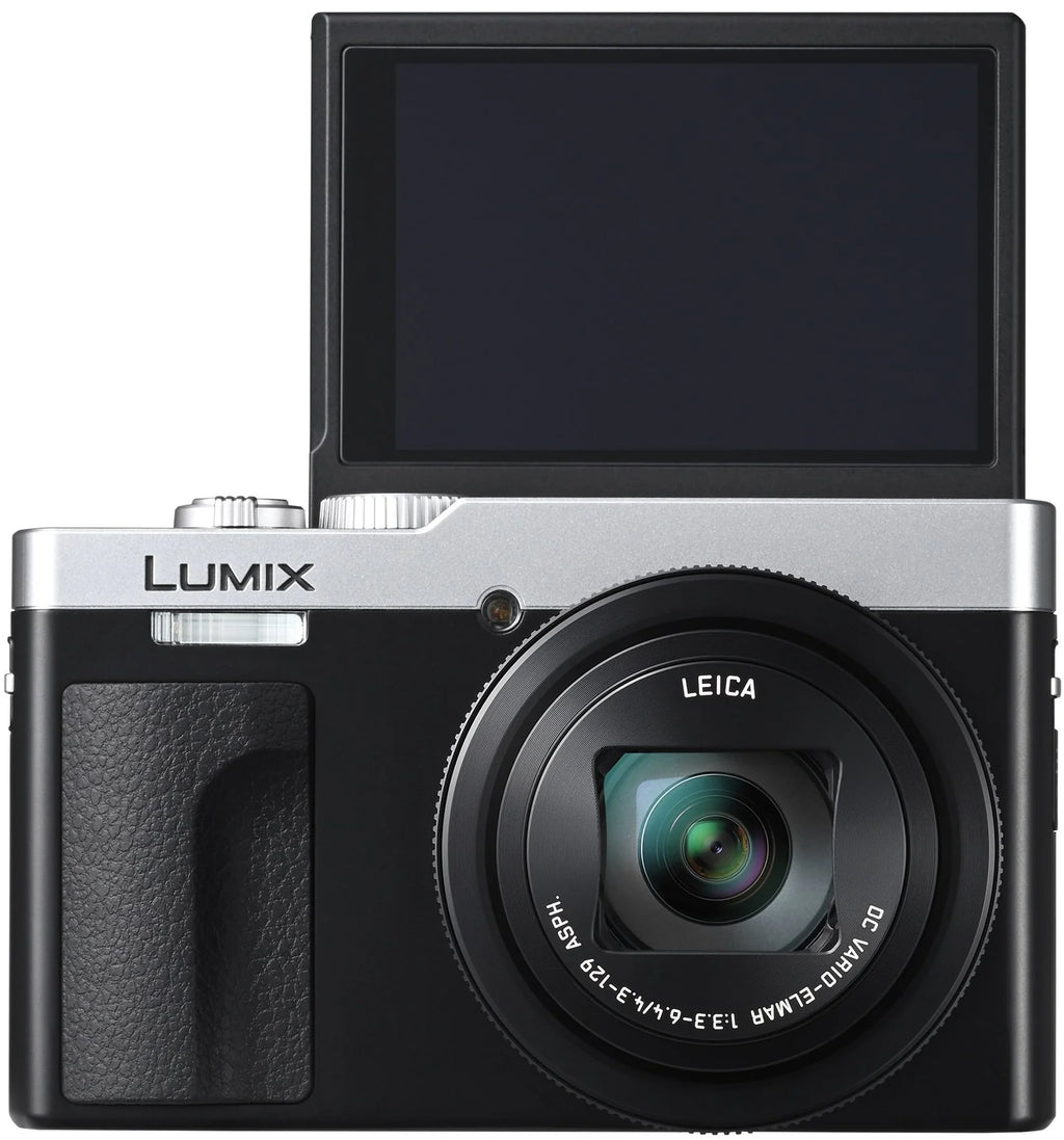 Panasonic Lumix TZ99 compact video camera in silver and black with lens and control buttons visible.
