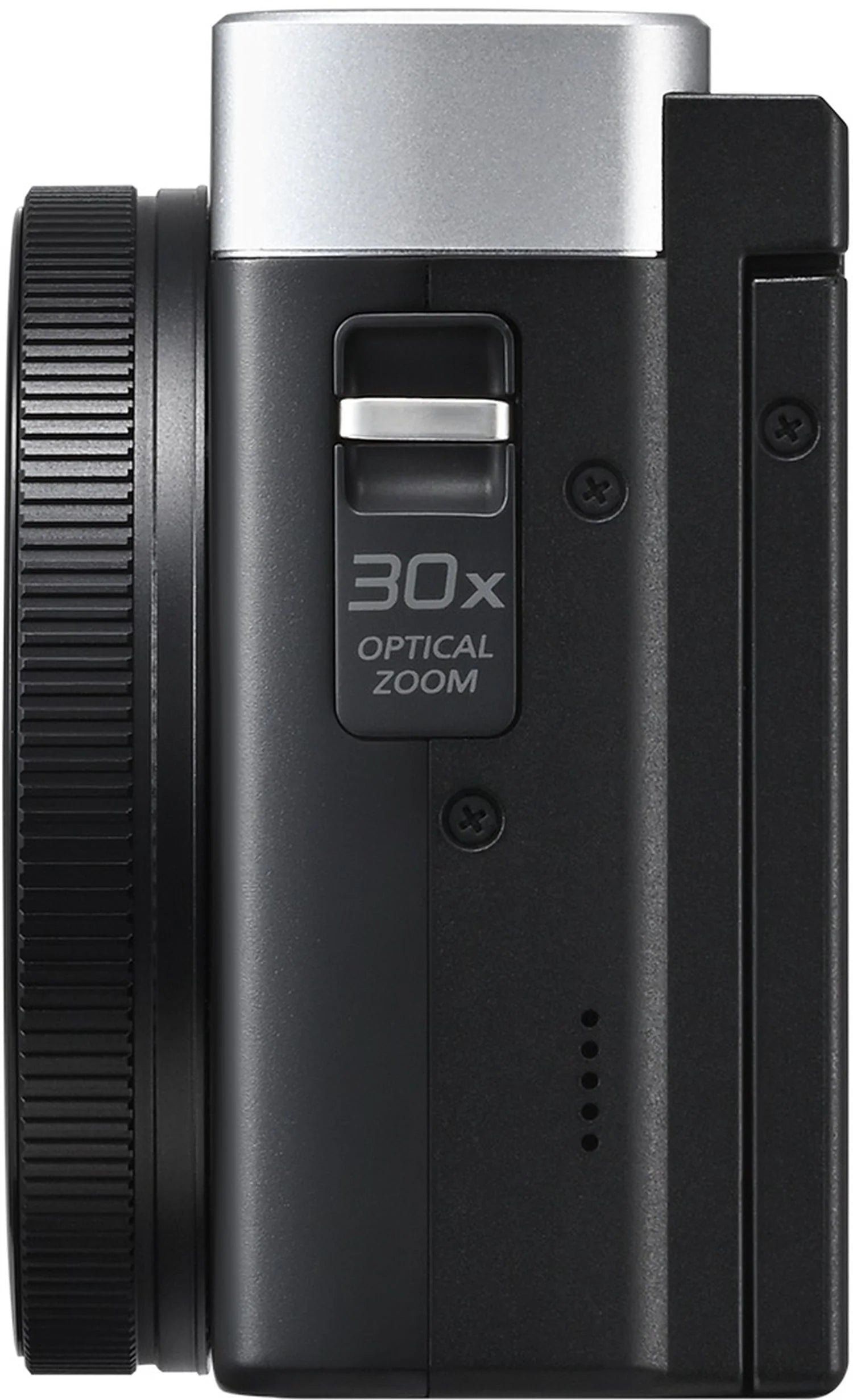 Panasonic Lumix TZ99 video camera in silver and black with compact design and adjustable zoom lens.