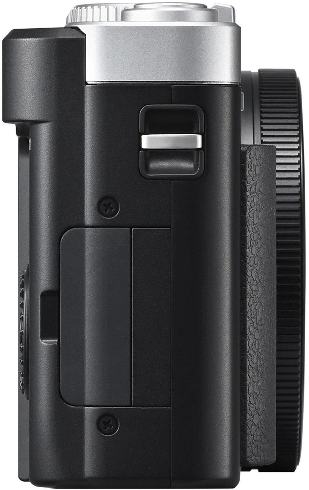 Panasonic Lumix TZ99 compact video camera with silver and black design, featuring a lens, grip, and control buttons.