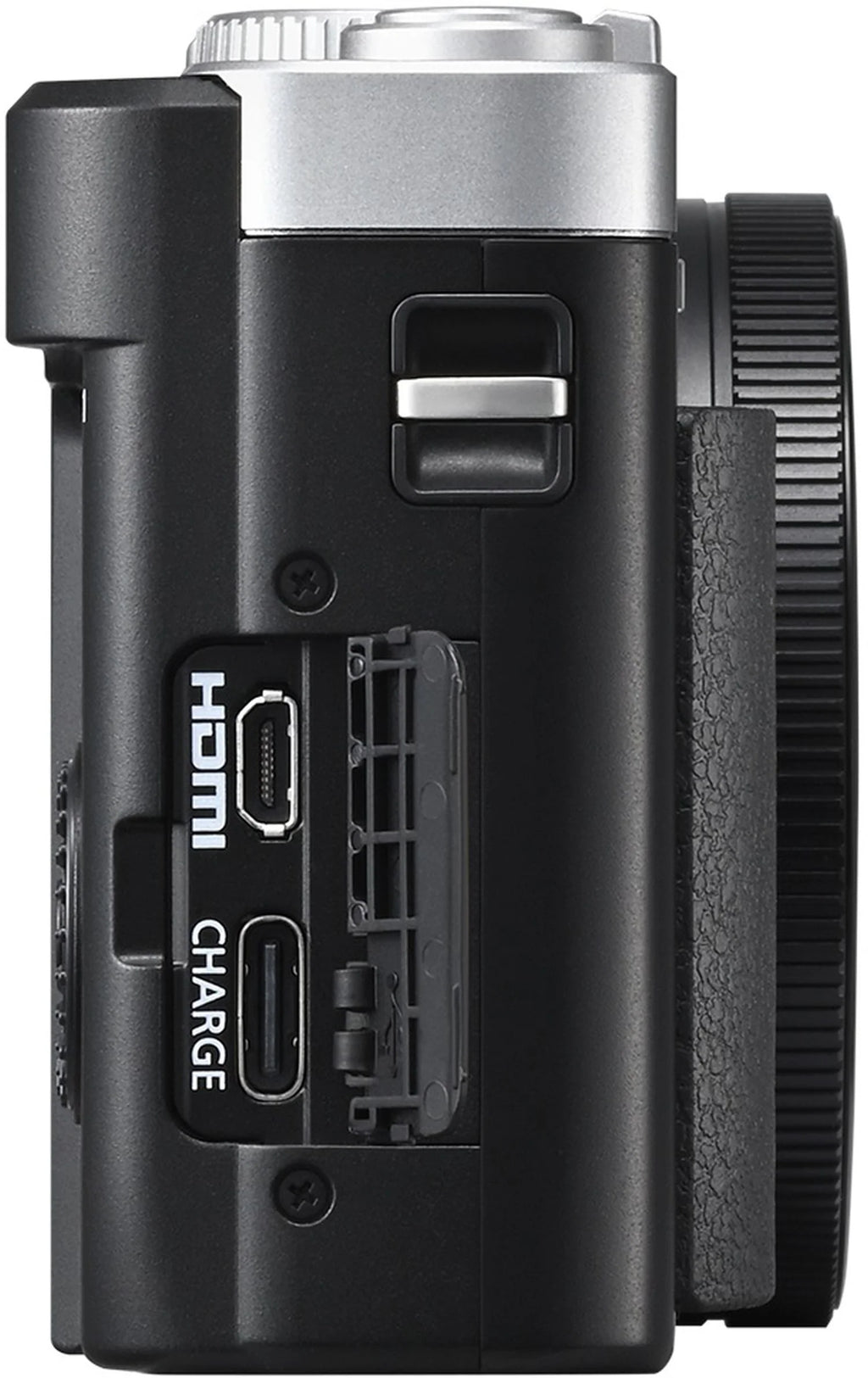 Panasonic Lumix TZ99 video camera in silver and black with compact design and adjustable lens for high-quality filming.