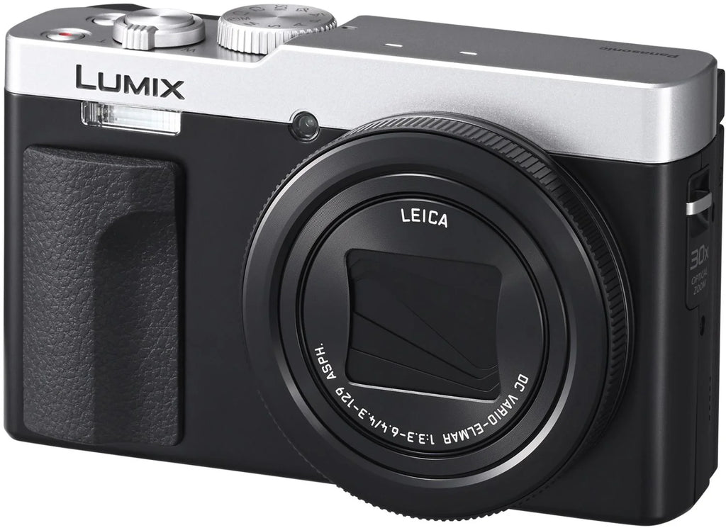 Panasonic Lumix TZ99 video camera in silver and black with compact design and lens for high-quality video recording.