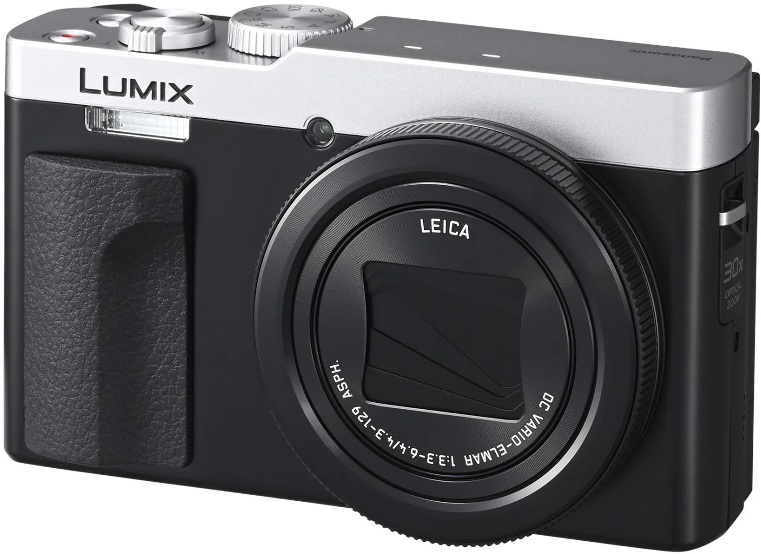 Panasonic Lumix TZ99 video camera in silver and black with compact design and lens for high-quality video recording.