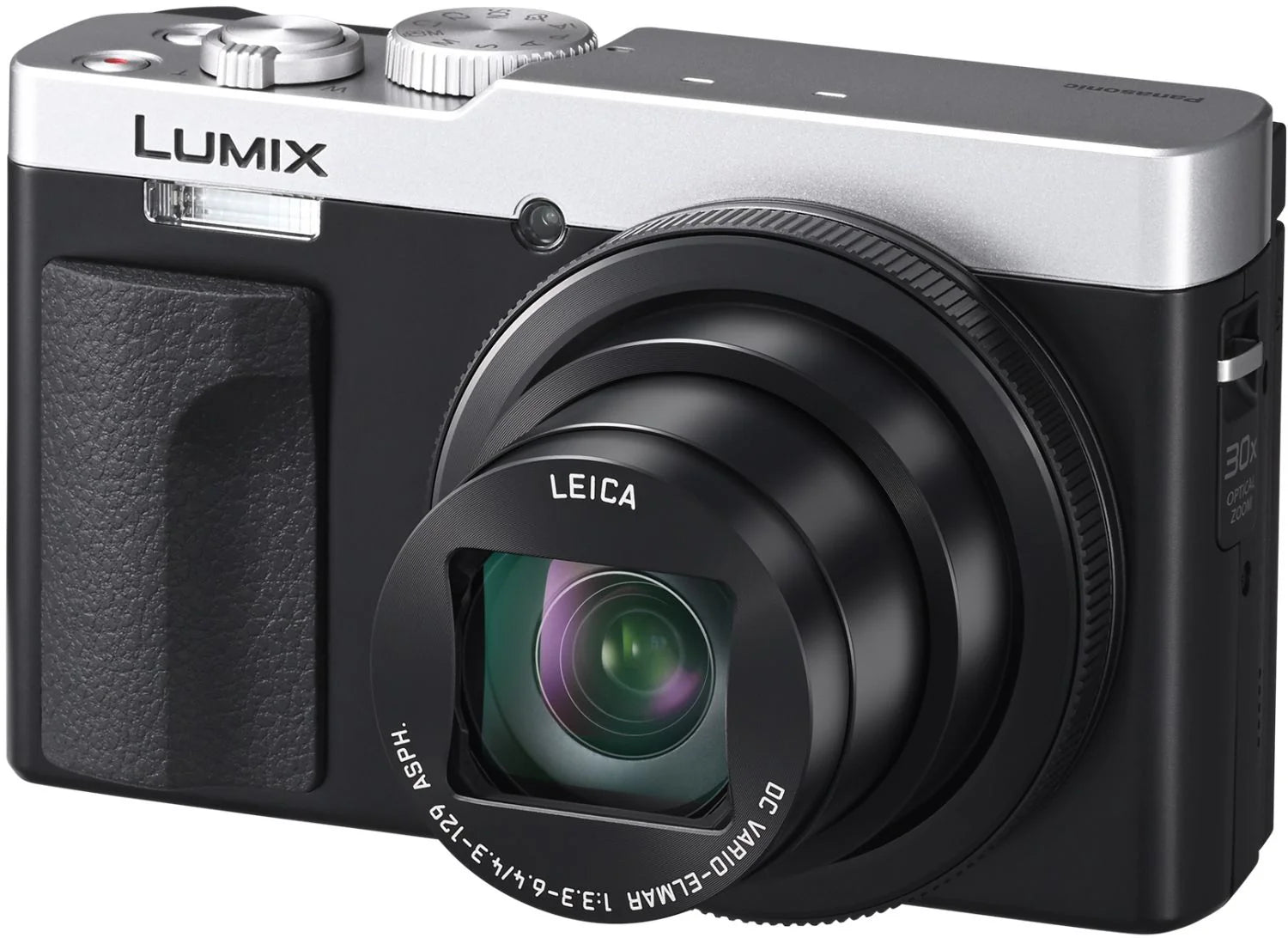 Panasonic Lumix TZ99 video camera in silver and black, compact design with lens and controls visible in the image.