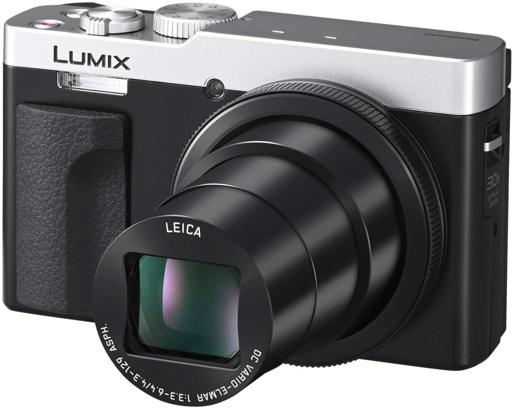 Panasonic Lumix TZ99 video camera in silver and black, compact design with lens and control buttons visible.