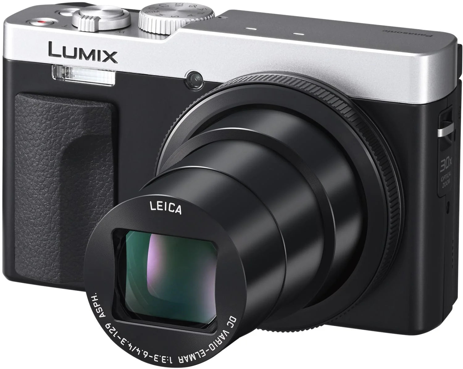 Panasonic Lumix TZ99 video camera in silver and black, compact design with lens and control buttons visible.