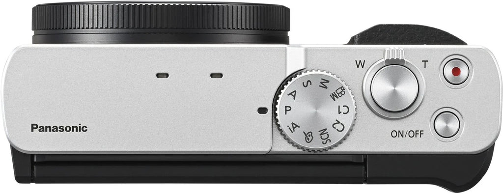 Panasonic Lumix TZ99 video camera in silver and black, compact handheld camera with zoom lens and control buttons.