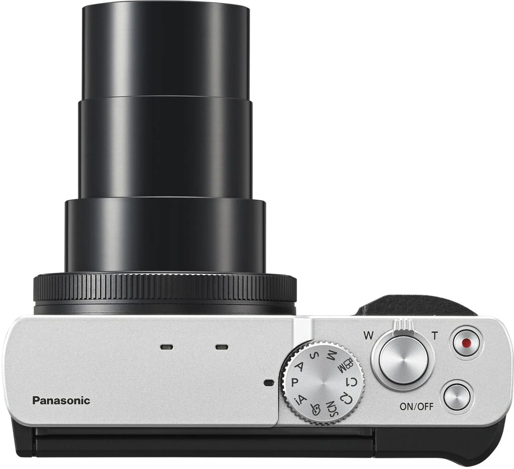 Panasonic Lumix TZ99 video camera in silver and black, compact camera with lens and control buttons visible.