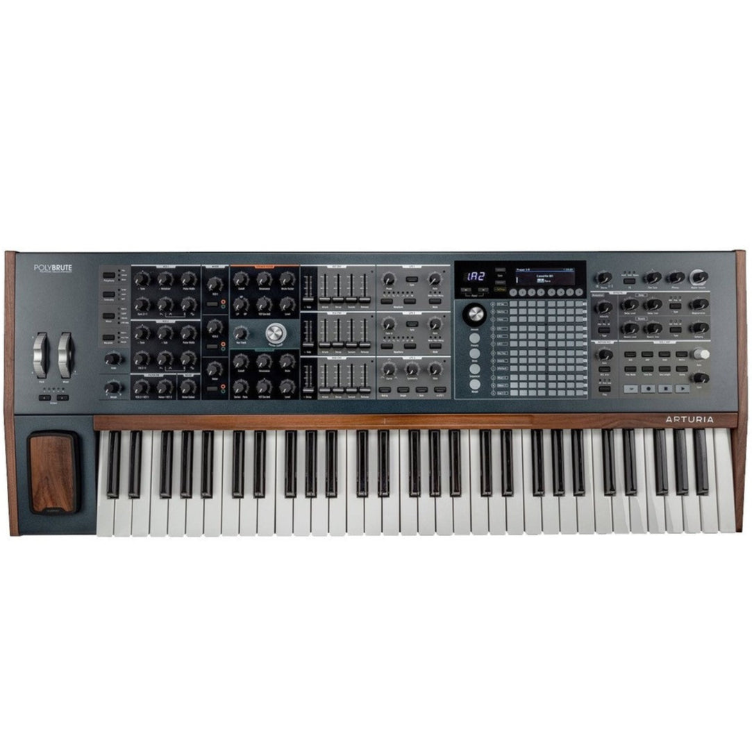 Arturia PolyBrute reference set with keyboard bundle, featuring multiple synth modules and accessories in a sleek, professional setup.