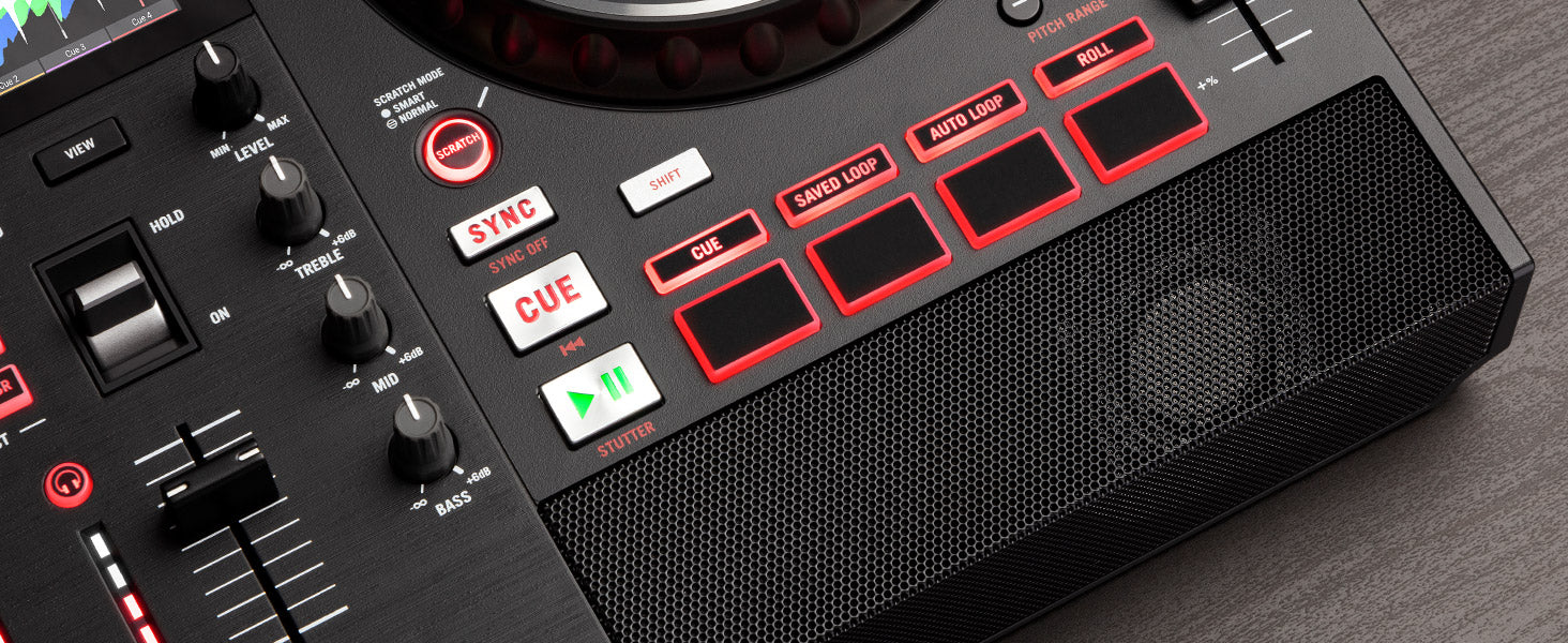 Numark Mixstream Pro+ DJ media player with built-in speakers, showcasing the device's interface and audio output features.