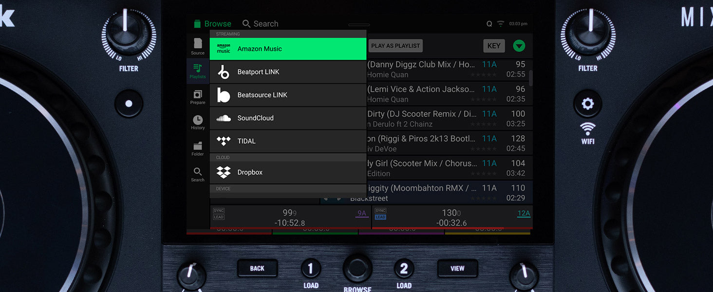 Numark Mixstream Pro+ DJ media player with colorful interface and professional controls, ideal for mobile DJing and music mixing.