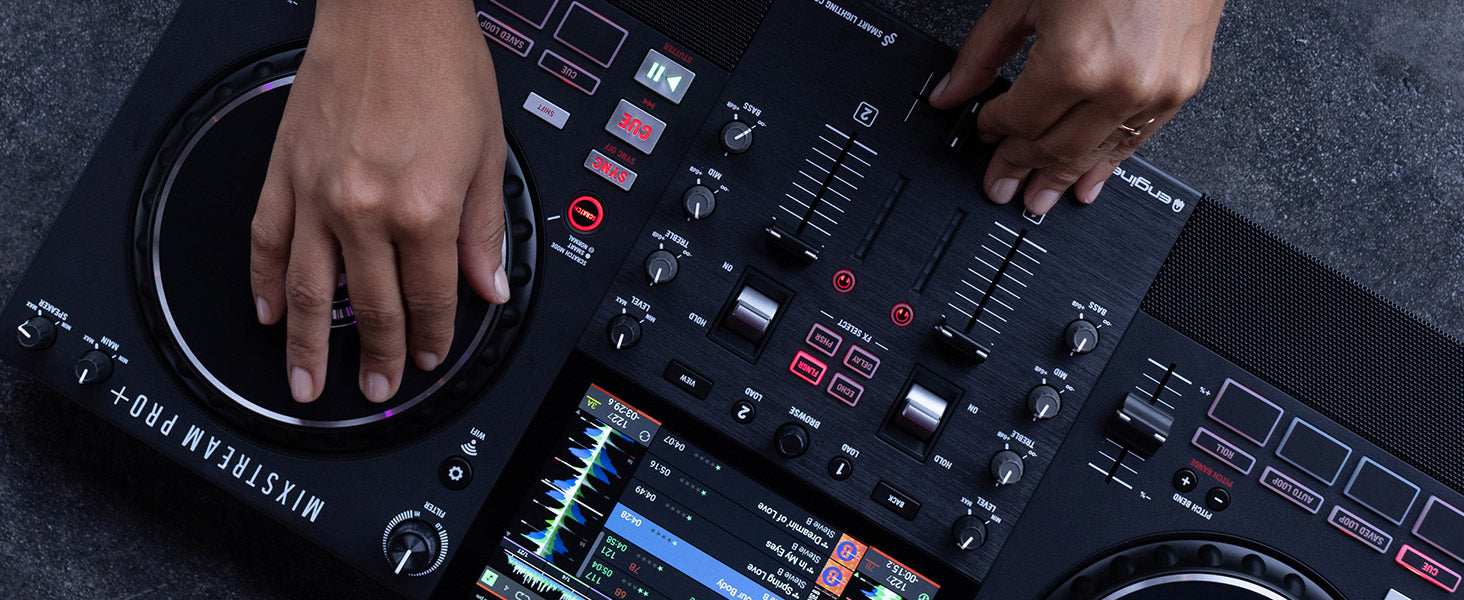 Numark Mixstream Pro+ DJ media player with touchscreen display and control knobs, showcasing its professional DJ equipment features.
