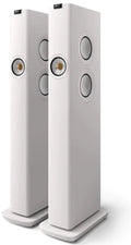 KEF LS60 Wireless floorstanding speakers with sleek black finish and modern design, showing multiple speaker drivers and clean aesthetic.