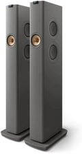 KEF LS60 Wireless floorstanding speakers with sleek black finish, showcasing their modern design and speaker drivers.