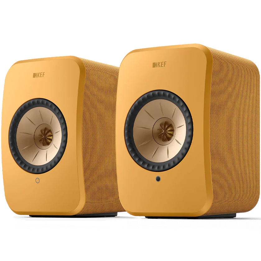 KEF LSX II active bookshelf speakers with sleek design and compact size, featuring fabric-covered speaker enclosures.