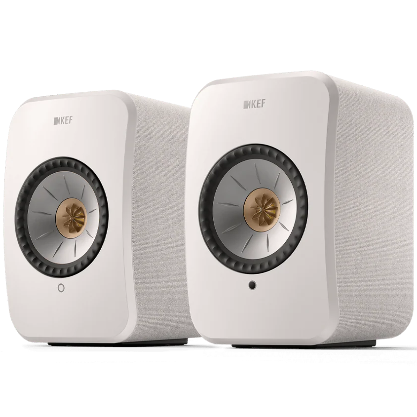 KEF LSX II active bookshelf speakers with sleek design and black finish, featuring drivers and control panel visible in the image.
