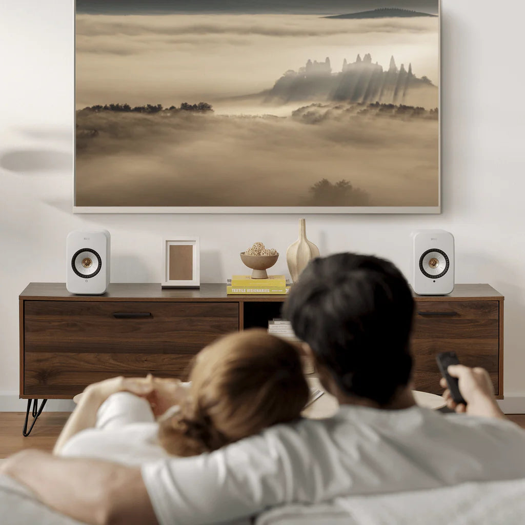 KEF LSX II active bookshelf speakers with sleek design and premium finish, showcasing modern audio equipment for high-quality sound.