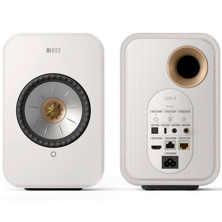 KEF LSX II active bookshelf speakers with sleek design and black finish, showcasing their compact, modern audio setup.