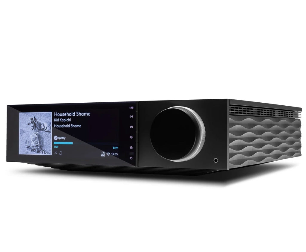 Cambridge Audio Evo 150 SE music streamer displaying front panel with control knobs and display screen.
