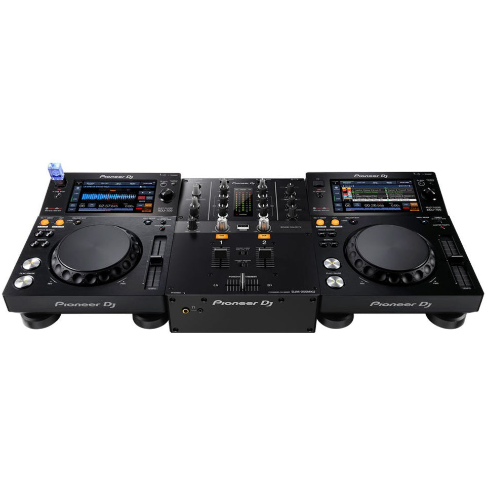 Pioneer DJM-250MK2 DJ mixer with dual channels, various control knobs, and input/output ports for professional DJ setup