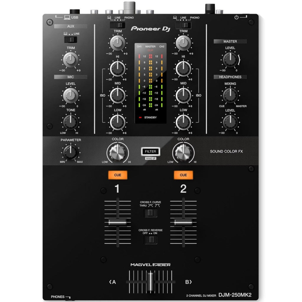 Pioneer DJ DJM-250MK2 professional DJ mixer with multiple channels, knobs, and input ports for seamless music mixing.