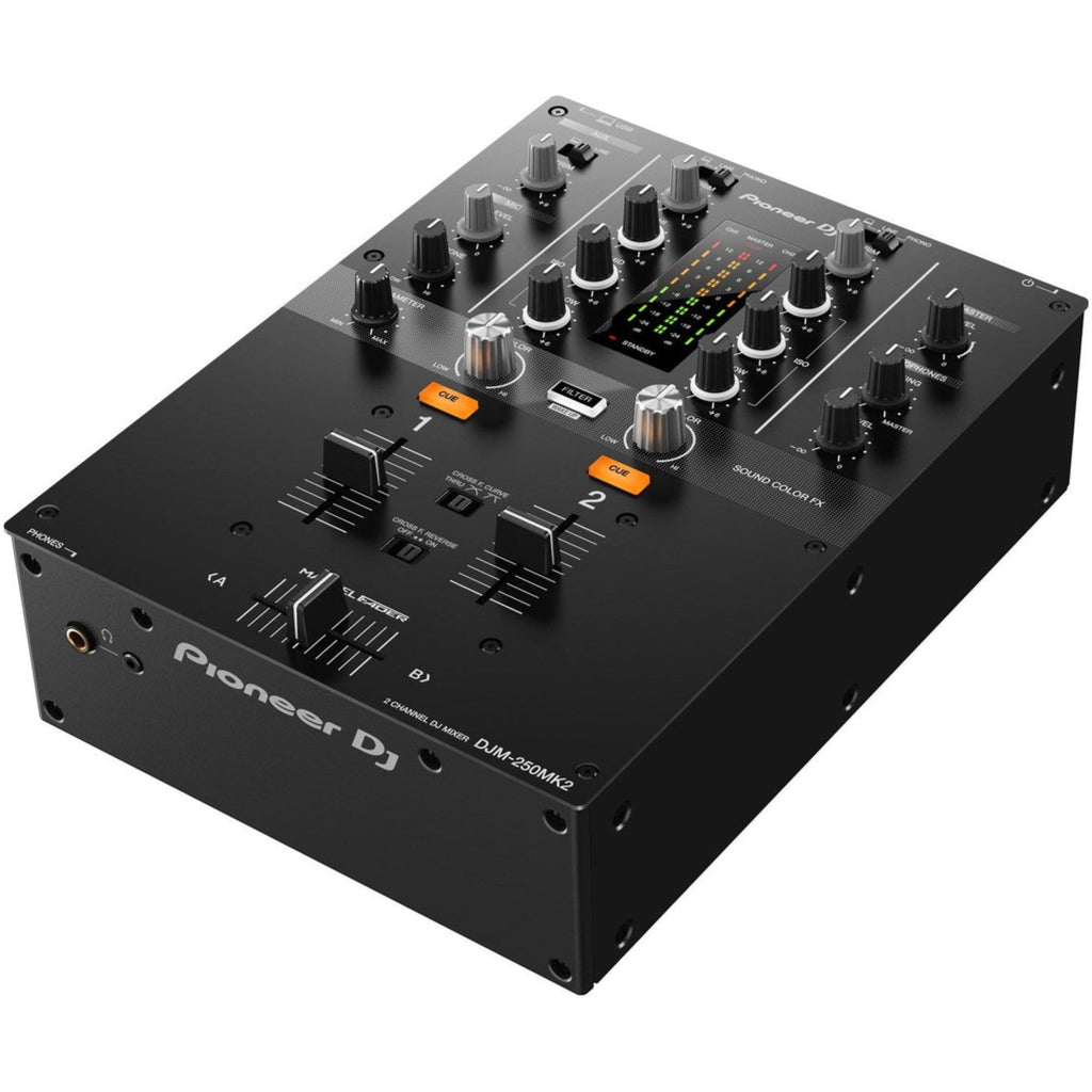 Pioneer DJM-250MK2 DJ mixer with dual channels, audio controls, and professional design for DJ performances and mixing.