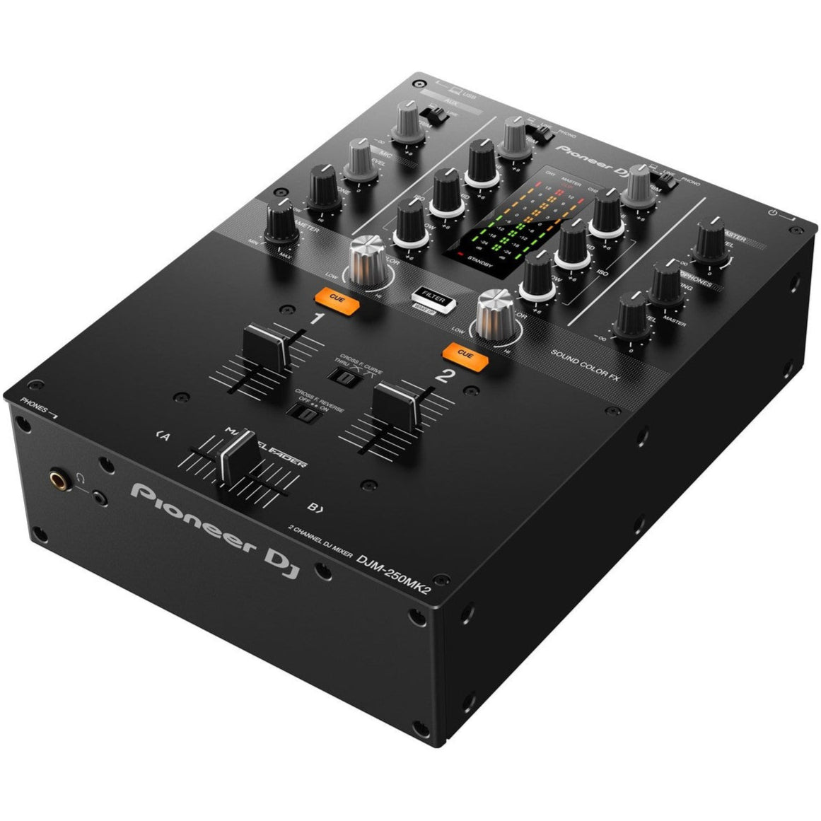 Pioneer DJM-250MK2 DJ mixer with dual channels, audio controls, and professional design for DJ performances and mixing.