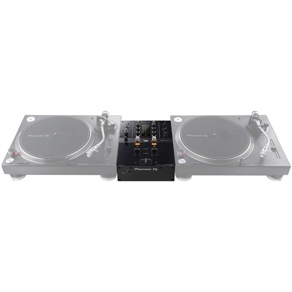 Pioneer DJM-250MK2 DJ mixer with dual channels, colorful LED displays, and professional audio controls for DJ performances.