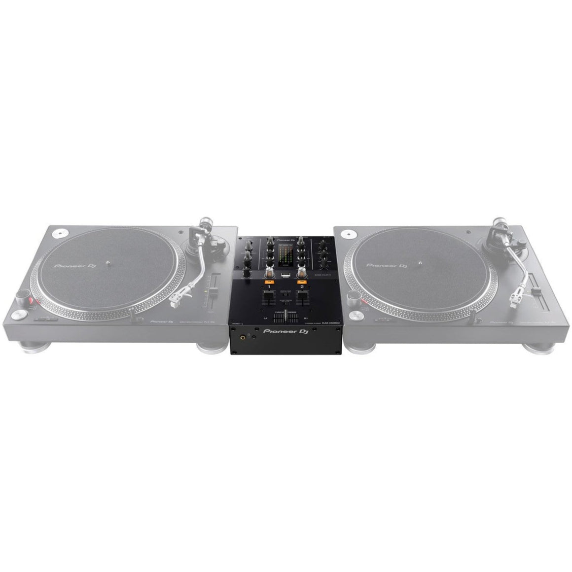 Pioneer DJM-250MK2 DJ mixer with dual channels, colorful LED displays, and professional audio controls for DJ performances.