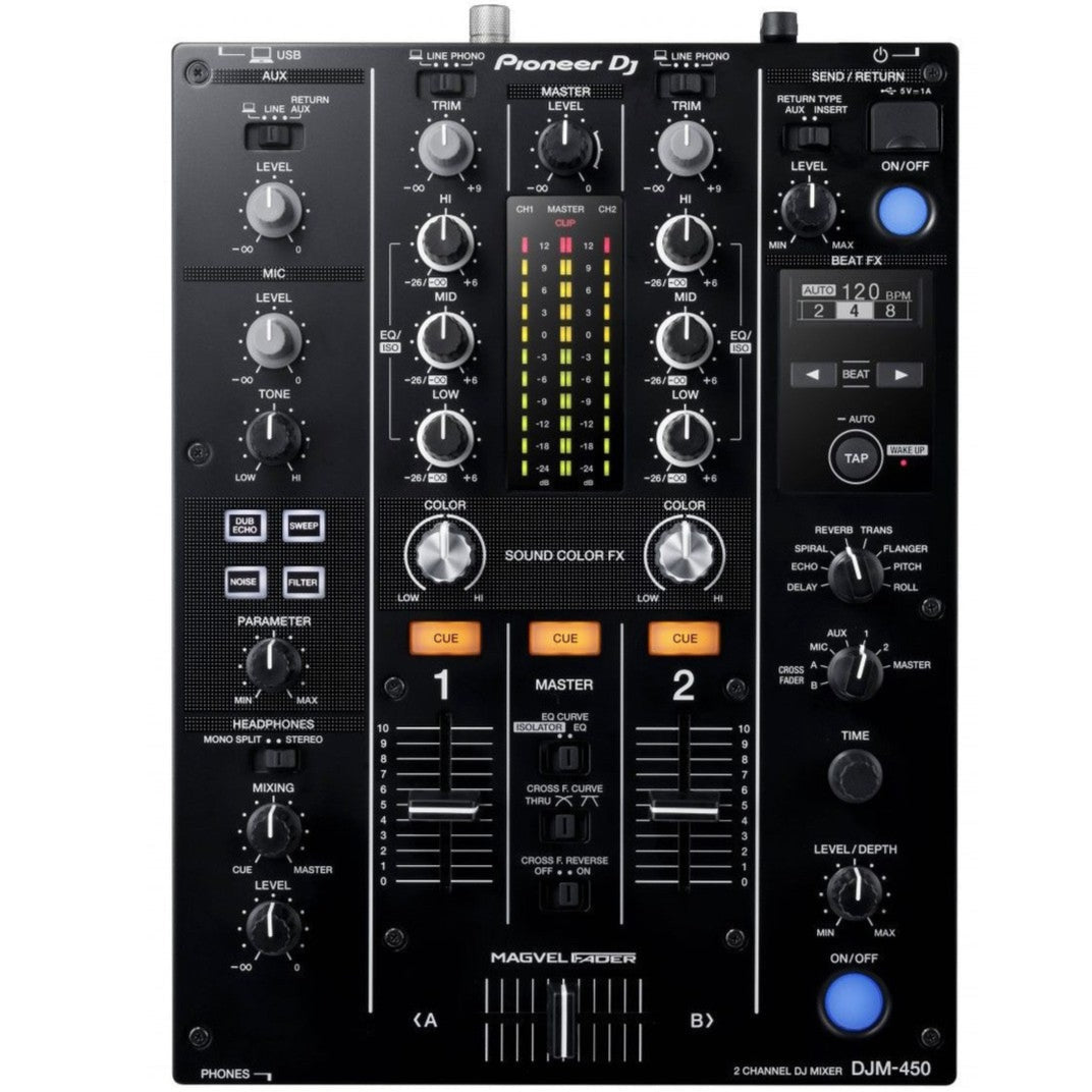 Pioneer DJM-450 DJ mixer with multiple channels, control knobs, and audio input/output ports for professional DJ setup.