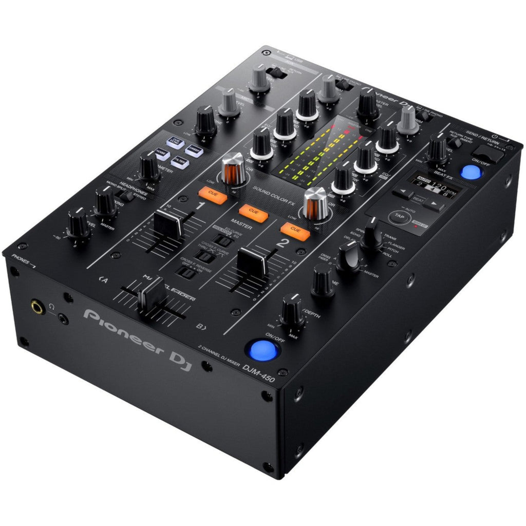 Pioneer DJ DJM-450 professional DJ mixer with dual channels, multiple effects, and ergonomic controls.