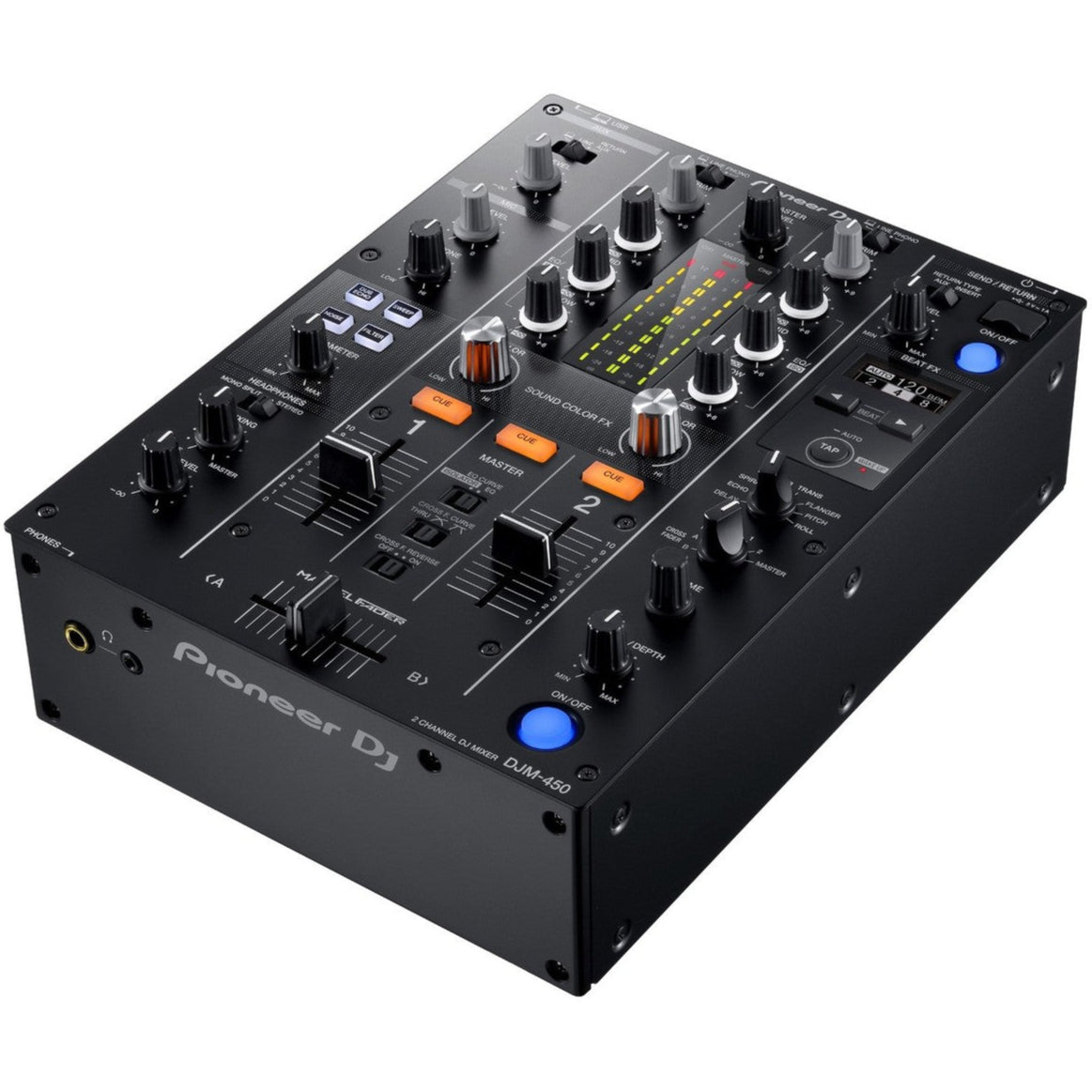 Pioneer DJ DJM-450 professional DJ mixer with dual channels, multiple effects, and ergonomic controls.