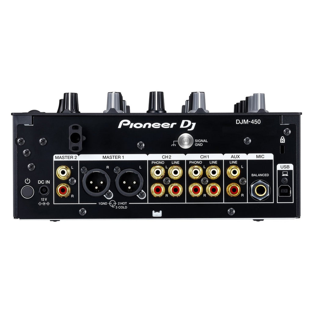 Pioneer DJM-450 DJ mixer with dual channels, professional audio controls, and colorful LED displays for DJ performances