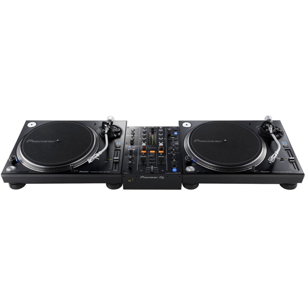 Pioneer DJM-450 DJ mixer with dual channels, faders, and control knobs, designed for professional DJ performances.