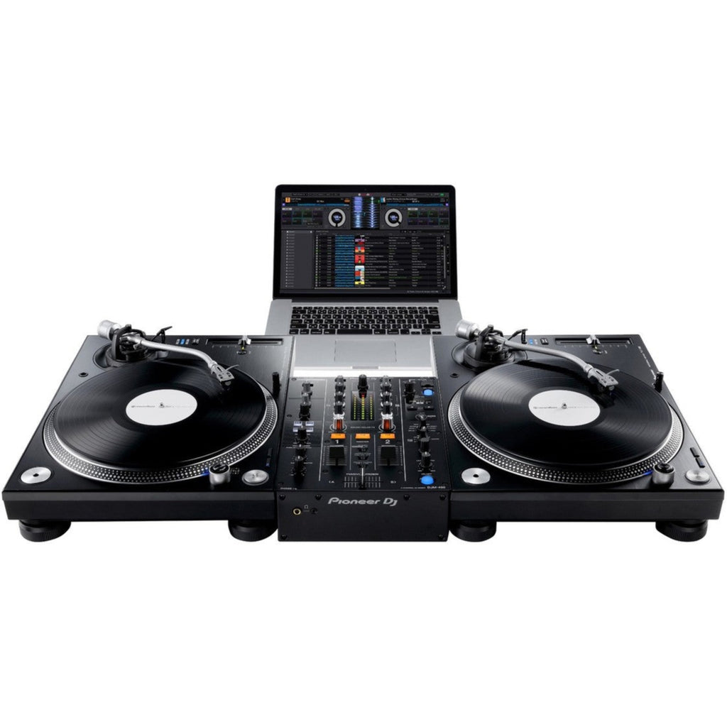 Pioneer DJM-450 DJ mixer with two channels, analog controls, and built-in effects for professional DJ setups.