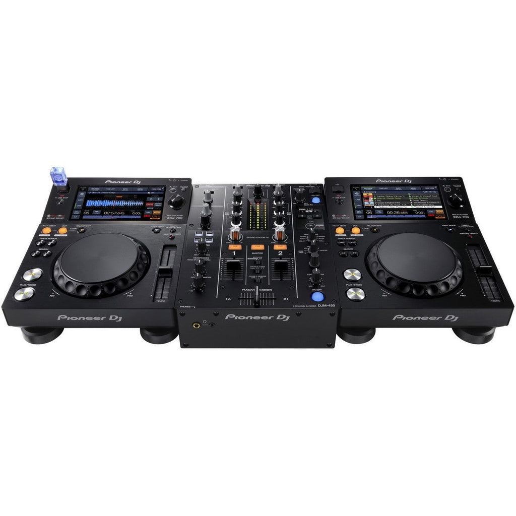 Pioneer DJM-450 DJ mixer with dual channels, detailed knobs, and professional audio controls for DJing and mixing.