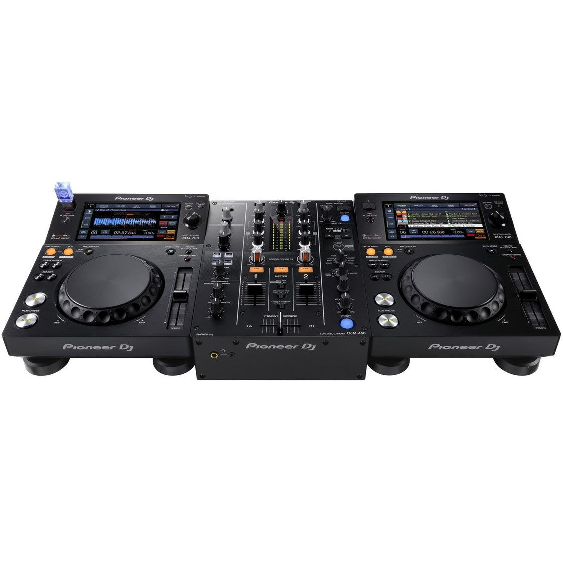 Pioneer DJM-450 DJ mixer with dual channels, detailed knobs, and professional audio controls for DJing and mixing.