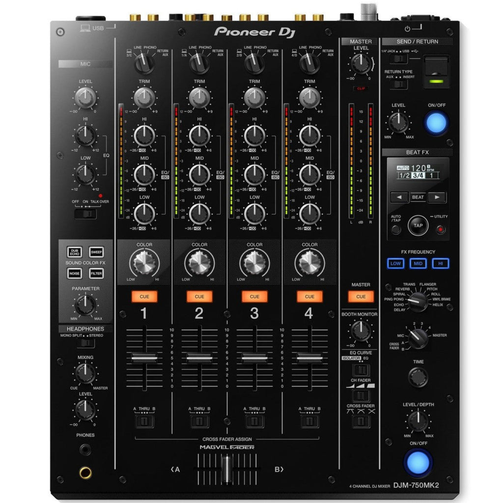 Pioneer DJM-750MK2 DJ mixer with dual-channel faders and professional controls for DJing and music mixing.
