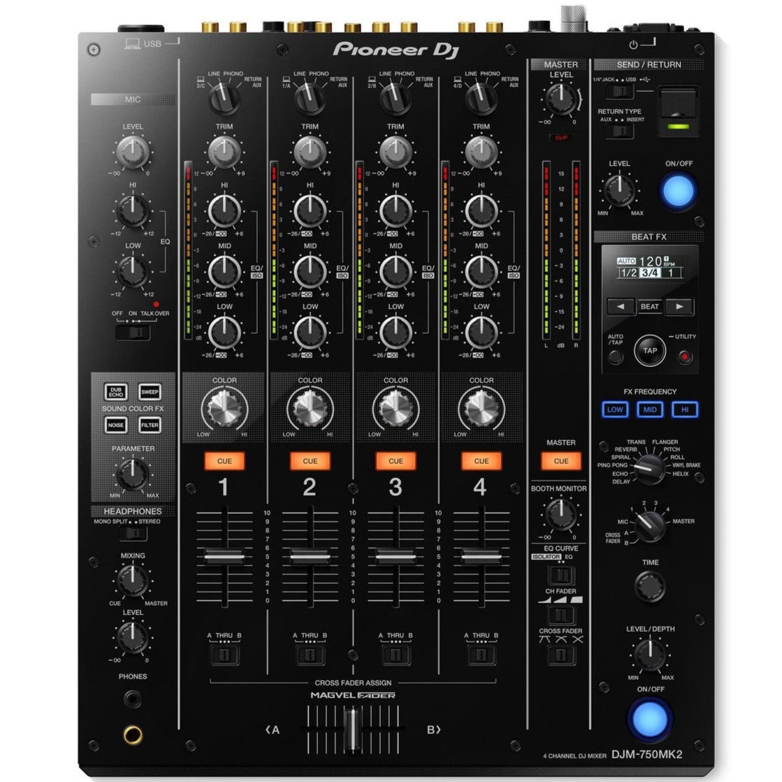 Pioneer DJM-750MK2 DJ mixer with dual-channel faders and professional controls for DJing and music mixing.
