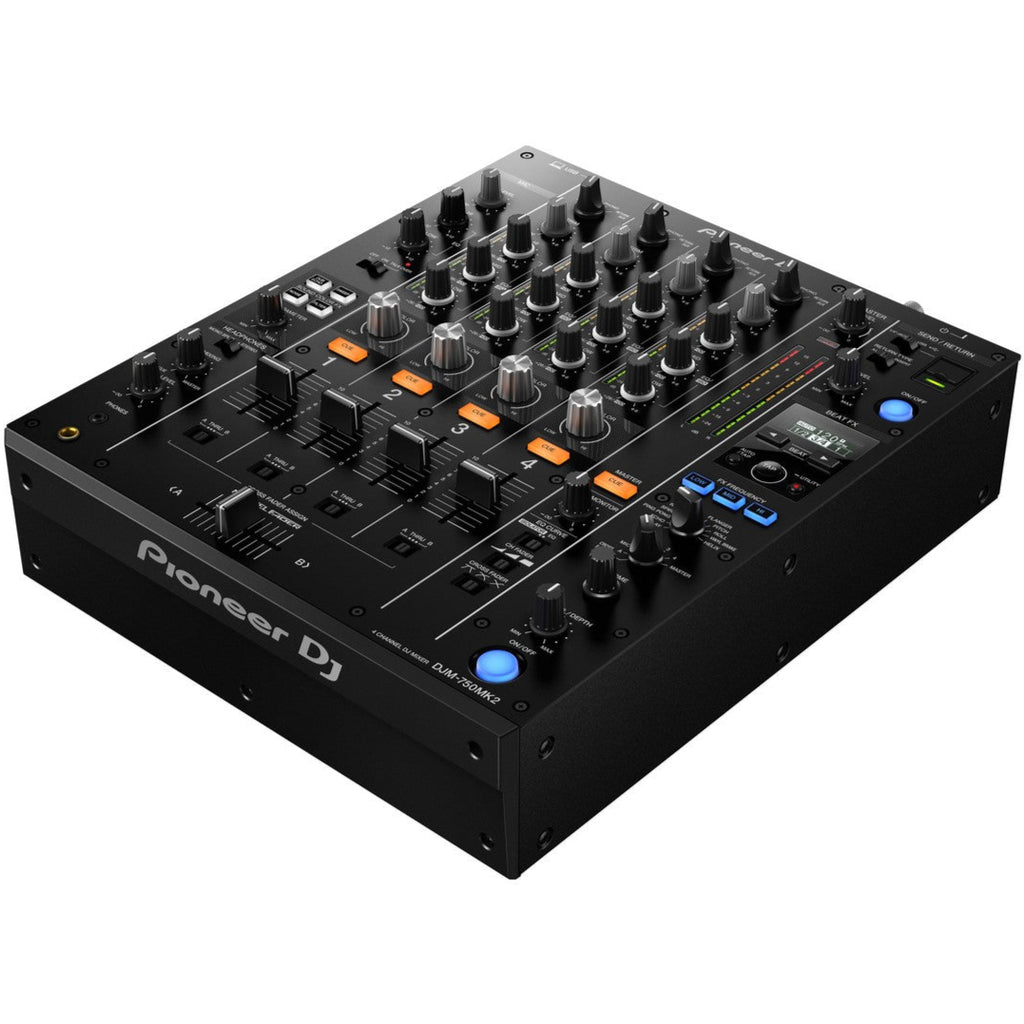 Pioneer DJM-750MK2 DJ mixer with multiple knobs and faders, professional audio equipment for DJs, black finish