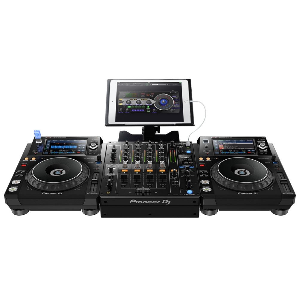 Pioneer DJM-750MK2 DJ mixer with dual-channel controls, touchscreen display, and professional audio interface.